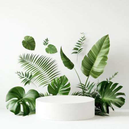 A white podium with green tropical leaves and plants on it, perfect for showcasing products or serving as an eye-catching display piece in the style of minimalistic design, on a white background. --v 6.1 Job ID: 0cdcf2c8-e360-4c1f-a450-0670994d76a3の素材
