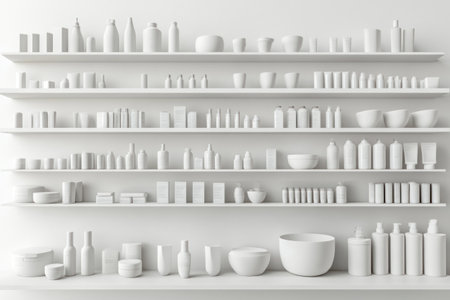 3D render of a shelf with many products in white color on an empty background, using white and gray colors. High resolution. --ar 3:2 --v 6.1 Job ID: 5e50797a-4c2b-4020-ae6f-822a72f2f02bの素材