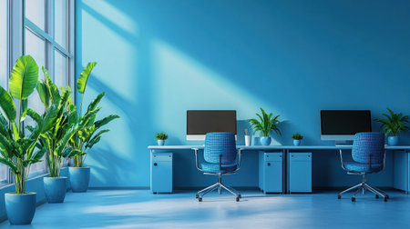 A bright and airy office space with pastel-colored walls, large windows, modern desks with computers, blue chairs for seating, green plants adding life to the room, and a soft glow of natural light creating an atmosphere that is both professional and inviting. --chaos 30 --ar 16:9 --v 6.1 Job ID: 88aa37df-ae74-4c71-bfd2-c4bf1d29b7d7の素材