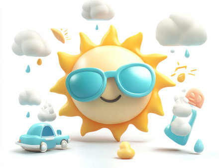 3D vector illustration of weather icons, including a sun wearing sunglasses and a cloud icon, isolated on a white background. The style is cartoon-like, reminiscent of Pixar's animation. The image is high resolution, in a color theme, with a white background, in PNG format. The perspective is ultra-wide angle, giving it a portrait photography feel. The overall mood is colorful and happy, against a white background, in PNG format. --ar 4:3 --v 6.1 Job ID: 7304f8e3-9be9-4a38-9cf8-7c7510756ab8の素材