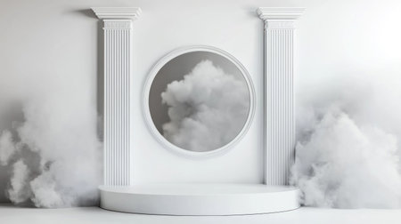 A white background with three Greek columns and a round mirror in the center, surrounded by clouds. The scene is illuminated by soft light from above, creating an atmosphere of calmness and tranquility. In front, there is a podium on which to place products or presentation materials. This is a minimalist design that evokes feelings of elegance and sophistication. It creates space for text, advertising images, product showcasing, and various other purposes. --chaos 30 --ar 16:9 --v 6.1 Job ID: 27b2878f-3c07-4849-a26e-33a7f7311e31の素材