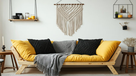 A wooden sofa with yellow cushions and black pillows sits in the living room of an apartment, against white walls. A gray blanket is draped over one armrest. On each side stand two small brown wooden tables with candles inside them. In front stands a beige shelf holding various home decor items such as a hanging macrame wall art, vases, books, lamps, plants, and artwork. The floor nearby has light-colored wood planks. --chaos 30 --ar 16:9 --v 6.1 Job ID: 3866e8eb-459f-472b-b77e-2db1c06ac5f9の素材