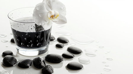 White orchid and black pebbles with water drops on a white background, spa concept, spa massage setting, high resolution, professional photograph, studio lighting, isolated on the edges, no shadows, white backdrop, wide-angle, sharp focus, high detail. --chaos 30 --ar 16:9 --v 6.1 Job ID: 0df2e635-90d0-46cb-9a47-1d5dae990bb9の素材