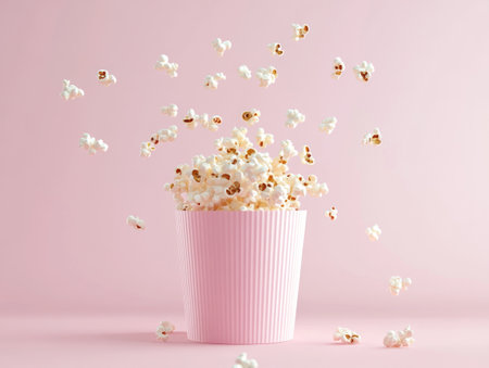 3D render of a pink paper bucket with popcorn flying on a light pastel background, in a minimalistic style, high resolution. --ar 4:3 --v 6.1 Job ID: ffbc665a-105e-4b7b-91c8-9a6aaba0de4fの素材