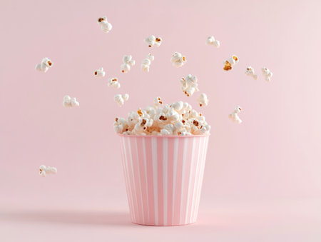 3D render of a pink paper bucket with popcorn flying on a light pastel background, in a minimalistic style, high resolution. --ar 4:3 --v 6.1 Job ID: ffbc665a-105e-4b7b-91c8-9a6aaba0de4fの素材