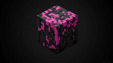 A black and pink cube with an isometric view, showcasing its intricate design. The cube features geometric shapes in shades of gray and magenta, creating a visually appealing composition against the dark background. This is a highly detailed work, showcasing every element of the cube's surface with precision. --chaos 30 --ar 16:9 --v 6.1 Job ID: 12618de9-0fef-46ca-a44d-2f15ecd38cc2の素材