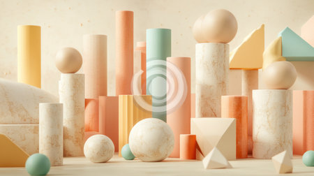 3D rendering of abstract geometric shapes in pastel colors on a background with a minimalist design. The composition includes cubes, spheres, and cylinders arranged to create an elegant, minimalistic scene. Soft lighting creates gentle shadows that accentuate the forms, adding depth and visual interest. This concept is suitable for various creative projects like graphic designs or digital art. --chaos 30 --ar 16:9 --v 6.1 Job ID: f335f052-fb74-4349-bad2-9a8727678d79の素材