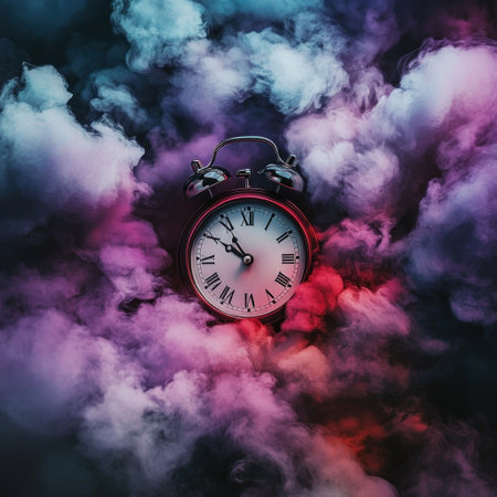 A clock surrounded by swirling smoke, with colors of red and purple representing the passion for time management. Minimalist art style. The background is dark gray to create contrast against the white face of the clock. There's an emphasis on texture in each color of the clouds, giving it depth and realism. This visual metaphor symbolizes how someone can feel as if their life remains filled up without any free space or blank moments. It represents being too busy trying different things that you should be doing something else. --v 6.1 Job ID: 2b88277f-f5f0-4773-9e0e-32bbf2d42d43の素材