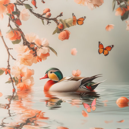 A beautiful mandarin duck swimming in the water, surrounded by peach blossoms and butterflies, against a light gray background. The image features exquisite details, a reflection in the water, and a fantasy, surreal style with bright colors and a dreamy atmosphere, in the style of high definition photography. --v 6.1 Job ID: a0080cf5-089c-48e3-8e6d-4563904cc8f9の素材