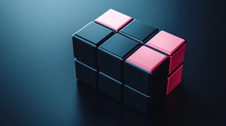 A black and pink cube made of blocks, simple background, isometric view, rendered in Cinema 4D, dark gray and light magenta colors, monochromatic color scheme, detailed texture, geometric composition, sharp edges, clean lines, industrial design. --chaos 30 --ar 16:9 --v 6.1 Job ID: f1f22f58-8c36-4925-b155-c84796836766の素材