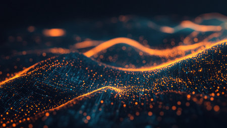 Abstract background with colorful, glowing waves and dots on a dark black backdrop, a concept for data technology. --ar 53:30 --v 6.1 Job ID: 711638e8-24e9-412c-a5e5-cad5d3ecf8dfの素材