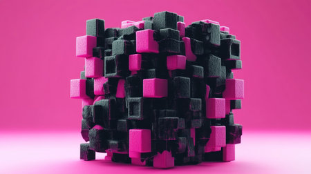 A black and pink cube made of blocks, simple background, isometric view, rendered in Cinema 4D, dark gray and light magenta colors, monochromatic color scheme, detailed texture, geometric composition, sharp edges, clean lines, industrial design. --chaos 30 --ar 16:9 --v 6.1 Job ID: f1f22f58-8c36-4925-b155-c84796836766の素材