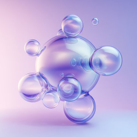 A logo design of an abstract, iridescent sphere composed of smaller spheres floating in the air, with a pastel purple and blue gradient background, a 3D render, high resolution, sharp focus, detailed, intricate details, and a super-realistic appearance. --v 6.1 Job ID: 23e13448-e345-4f8d-a865-d9e658fb168eの素材