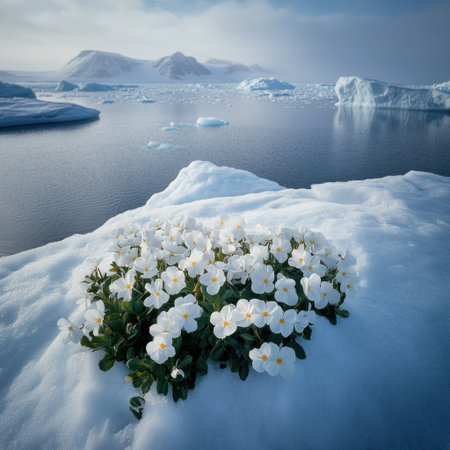 Photograph of white flowers growing on ice, in the background is an Arctic landscape with small floating, snow-covered islands and icebergs. This image was taken from above by a National Geographic award-winning photographer, with a focal length of 28mm. --v 6.1 Job ID: eb52a85b-53e3-4efc-a6f0-905c241b7ee0の素材