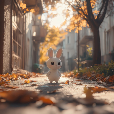 A cute, white rabbit-shaped toy stands on the street, surrounded by autumn leaves and trees in an old alley. The photo is taken from behind, with sunlight shining through the branches onto the toy, creating a warm atmosphere. The rabbit has big eyes and appears to be smiling at the viewer, in the style of Pixar cartoon characters. --v 6.1 Job ID: 3e77b945-52f8-4531-af37-4c132a74e3e0の素材