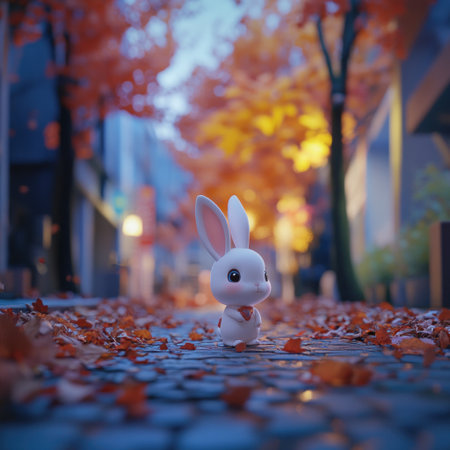 A cute little white rabbit toy stands on the ground of an autumn street, with fallen leaves scattered around it. The background is covered in trees and buildings, creating soft lighting effects, in the style of Hikari Shimoda. C4D rendering. --v 6.1 Job ID: 4a5275eb-7c44-4bae-a4b6-fb2256bb857fの素材