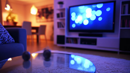 A modern living room with minimalist decor, featuring sleek gray sofas and an elegant glass coffee table. The space is illuminated by soft lighting from the TV on wall, creating a cozy atmosphere. In front of sofa there's white carpet with subtle pattern. On one side of it stands built-in shelves filled with books and decorative items. Thereâs also dining area in background. A wooden floor adds to overall ambiance. --chaos 30 --ar 16:9 --v 6.1 Job ID: 527a9650-8a9e-498a-b2b9-a28fb378a2a8の素材