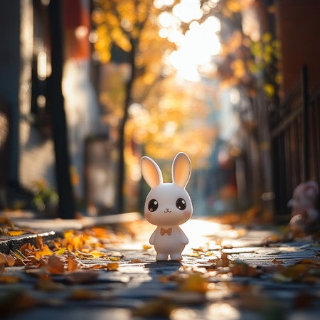 A cute, white rabbit-shaped toy stands on the street, surrounded by autumn leaves and trees in an old alley. The photo is taken from behind, with sunlight shining through the branches onto the toy, creating a warm atmosphere. The rabbit has big eyes and appears to be smiling at the viewer, in the style of Pixar cartoon characters. --v 6.1 Job ID: 3e77b945-52f8-4531-af37-4c132a74e3e0の素材