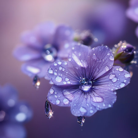 Purple flowers and water droplets on glass, macro photography, beautiful, dreamy, reflection, delicate colors, purple background, wallpaper. --v 6.1 Job ID: 99bf3e68-8623-42ee-9203-2b3169bd2c4dの素材