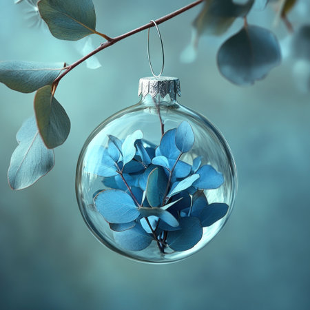 A high-resolution photograph of an elegant glass ornament filled with blue eucalyptus leaves, hanging from a branch. --v 6.1 Job ID: 6d639364-5875-462c-8898-04f68c0dbca9の素材