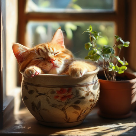 A cute orange cat sleeping in an ancient Chinese ceramic bowl, eyes closed and a serene expression, paws resting on the edge of the cup. Next to it is a pot with small plants growing inside, with warm light streaming in through the window. High-definition details in the style of photography. --v 6.1 Job ID: f998407a-818c-425b-9032-446c3003536aの素材