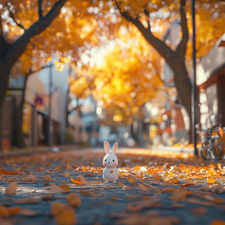 A cute little white rabbit toy stands on the ground of an autumn street, with fallen leaves scattered around it. The background is covered in trees and buildings, creating soft lighting effects, in the style of Hikari Shimoda. C4D rendering. --v 6.1 Job ID: 4a5275eb-7c44-4bae-a4b6-fb2256bb857fの素材