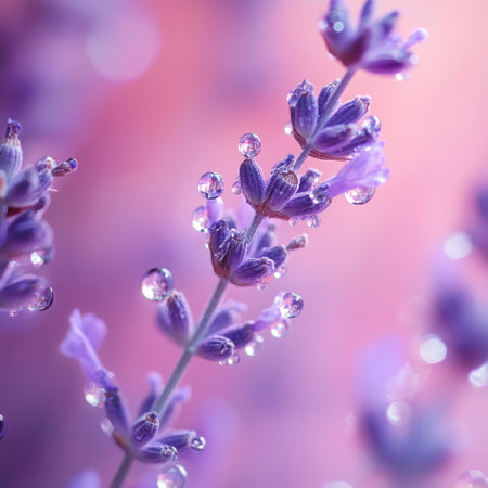 A close-up of dewdrops on lavender, with a pastel pink and purple background, creating an ethereal atmosphere. The focus is sharp, highlighting the delicate droplets against the soft hues of nature's palette. This image captures the serene beauty found in natural elements. High resolution, high detail, hyper-realistic. --v 6.1 Job ID: e1a868da-f66e-4d01-8847-edb6a7ae274dの素材