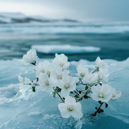 Photograph of white flowers on ice, an arctic landscape, with blue water in the background, high-resolution photography. --v 6.1 Job ID: c4d28432-f015-4cbe-837a-30ab0792fd0bの素材