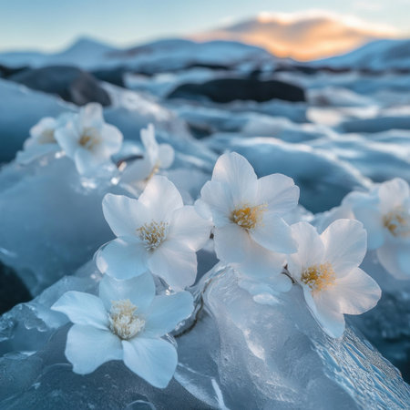 Photograph of white flowers on ice, in an arctic landscape, shot with a Canon EOS camera. --v 6.1 Job ID: b32afb48-499b-4e89-8d85-9635b62ce9e8の素材