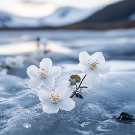 Photograph of white flowers on ice, in an arctic landscape, shot with a Canon EOS camera. --v 6.1 Job ID: b32afb48-499b-4e89-8d85-9635b62ce9e8の素材