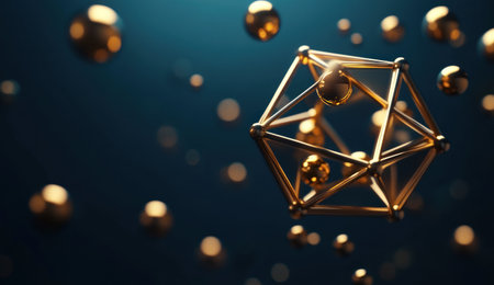 A minimalistic golden geometric figure with a dark blue background, a golden dodecahedron surrounded by spheres in the air, rendered as an Octane render, high resolution, and hyper-realistic. --ar 26:15 --v 6.1 Job ID: fd54f3d1-4dd7-4aee-9e1a-aca9d33d864dの素材