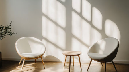 Modern interior, two chairs with white cushions and wooden legs on the right side of an empty wall, minimalism, light colors, natural lighting, sunlight shadows, minimalistic style, close-up view, wooden table between the armchairs, plants in vases nearby, minimal decor, white background. --chaos 30 --ar 16:9 --v 6.1 Job ID: 15a3b6d2-b435-4ca2-ae6e-b956702cdf2cの素材