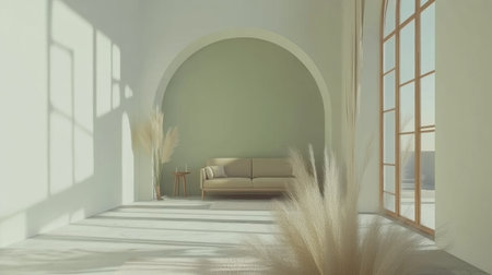 Modern living room interior with a beige sofa, armchair, and arched green wall mock-up frame. Minimalist home decor with a pastel color scheme and decorative pampas grass in front of the couch. --chaos 30 --ar 16:9 --v 6.1 Job ID: ea29bfd8-3d07-4c92-a081-b116a7ff77d6の素材