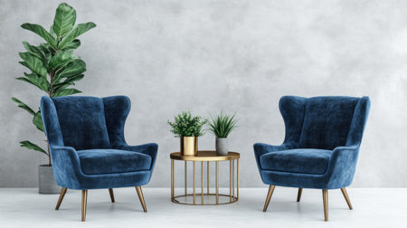 Modern interior with dark blue armchairs and brass side table against a grey wall background. Minimalist home design, in the style of Scandinavian. --chaos 30 --ar 16:9 --v 6.1 Job ID: 9e87fef1-a060-43f3-8bba-5951e8ff8c3aの素材