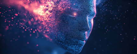 Abstract digital background with glowing particles and lights, dark blue space with binary code and a hologram of a face in the center. Big data technology concept. --ar 5:2 --v 6.1 Job ID: 7b99b882-3ba6-43a3-8f8b-2c73209d22c8の素材