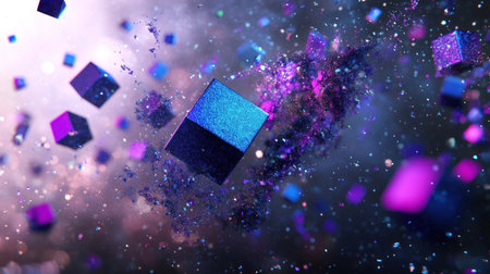 Abstract background with cubes in blue and purple colors, 3D rendering, in the style of Cinema 4D, in the style of Blender, low poly, simple design, dark gray background, blurry, high resolution. --chaos 30 --ar 16:9 --v 6.1 Job ID: b96931e6-347d-4af9-9528-0151cd7c3856の素材