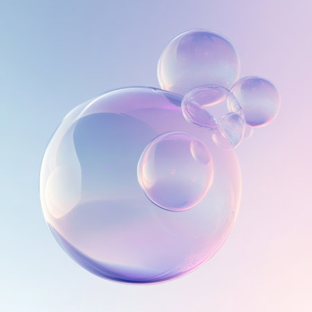A soft, pastel-colored illustration of an abstract bubble sphere with a gradient background, symbolizing the fusion and merging in water. The bubbles are rendered as translucent spheres that give off gentle light effects, creating a dreamy atmosphere. They appear to be floating against a soft blue or purple backdrop, adding depth and dimensionality to the composition. This design would convey feelings of tranquility, unity, and harmony between the elements. --v 6.1 Job ID: 4eacb97d-bf86-4581-a3db-62f10a9e81a8の素材
