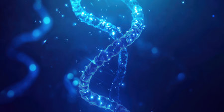 Abstract blue background with DNA and glowing light effects for digital medical technology, an illustration of a double helix in the style of Hookah. Request for an abstract vector design of the classic double-helix forensic science concept on a dark blue background. Abstract DNA double-helices in vector style. Blue lights shining from behind for a holographic effect. --ar 2:1 --v 6.1 Job ID: e94e594d-469c-490e-b9b7-8dae271dc519の素材
