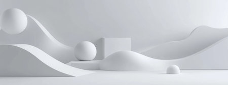 Abstract white background with minimalistic geometric curves, simple shapes and lines, 3D rendering, 45-degree view angle, high resolution, high quality, high detail. --ar 8:3 --v 6.1 Job ID: 4c1e0a23-e0e1-4bc2-a572-451399a5a9a4の素材