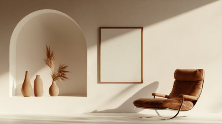 A white wall with an arched shelf holding some vases and one small sculpture. There is also a leather armchair on the floor in front of it. A blank picture frame is hanging above the chair, in a modern interior design style with warm tones, creating a cozy home atmosphere. Photorealistic. --chaos 30 --ar 16:9 --v 6.1 Job ID: ec3c4934-da9b-4033-9689-370a4d8279a2の素材