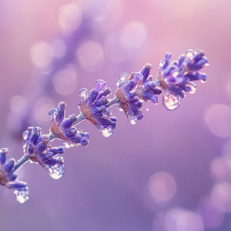 Lavender branch with dew drops, macro photography, purple and pink background, close-up, high resolution, high detail, super realistic, macro lens, soft lighting, water droplets on flowers, elegant style. --v 6.1 Job ID: ef36deff-0aec-4d90-a7b4-0244c06072c9の素材