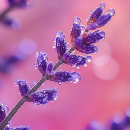 Lavender branch with dew drops, macro photography, purple and pink background, close-up, high resolution, high detail, super realistic, macro lens, soft lighting, water droplets on flowers, elegant style. --v 6.1 Job ID: ef36deff-0aec-4d90-a7b4-0244c06072c9の素材