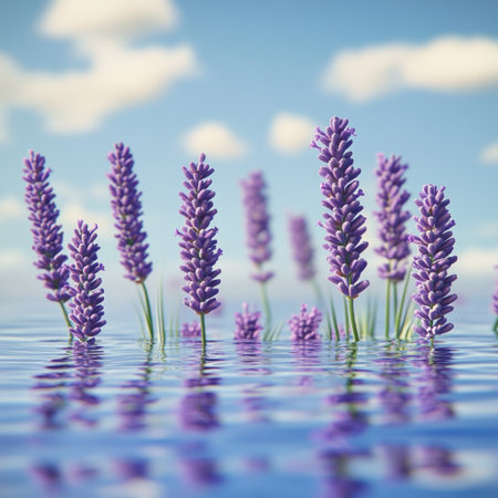 A photograph of lavender flowers in the water, with ripples on the surface and a sky blue background. The color scheme is dominated by lavender, with blurred lake scenery in the distance. The scene depicts a lavender field, with a sky blue sky and white clouds. The image is captured in natural light, with an ultra-high definition resolution and high-definition details, resulting in a high-quality, high-resolution photograph. --v 6.1 Job ID: 39e49d15-154b-4f93-b82a-6926dc791a83の素材