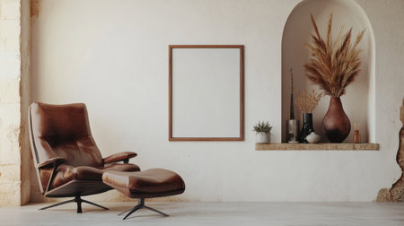 A white wall with an arched shelf holding vases and plants. There is a blank picture frame on the wall next to it. In front of that is a leather lounge chair. The room has neutral tones and a light grey floor. --chaos 30 --ar 16:9 --v 6.1 Job ID: f12af47b-3ed8-4514-aed6-4a0fa7211ad5の素材