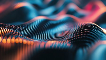 Abstract background with colorful wavy lines on a black, shiny chrome curved shapes, dark background, low-angle shot, bokeh effect, high resolution. --ar 53:30 --v 6.1 Job ID: 70529be9-b1db-4675-aba9-b7c12deb633aの素材