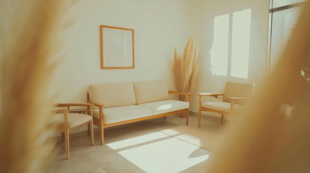 A photo of a large wooden picture frame on the wall, white walls with sunlight shining in, a modern living room, one small pampas grass flower arrangement beside it, and a light-colored sofa with two armchairs around it. The furniture is in a simple style, with a window to the side, and the floor is covered in a beige carpet. The overall look of the interior design features soft, neutral colors and organic textures. --chaos 30 --ar 16:9 --v 6.1 Job ID: dec932b9-c6a0-44f3-9c0e-3d7f4589bcbbの素材
