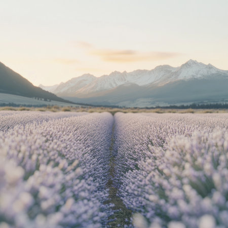A lavender field in full bloom, with rows of purple flowers stretching as far as the eye can see under a clear sky and mountains in the background. The focus is on the face, with a bokeh effect creating a dreamy atmosphere and golden hour lighting. The photograph was taken with a Sony Alpha A7 III camera using an f/8 lens, 35mm focal length, and 20-megapixel resolution. The photograph is taken from a frontal perspective, capturing both the beauty of nature and a sense of tranquility and serenity. --v 6.1 Job ID: 89a37bd6-fa95-4f4d-a5d1-15d04d33f01aの素材