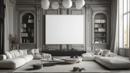 A large white poster frame adorns the wall of an elegant living room with a minimalist design, featuring a sofa and coffee table. In front, there is an empty space for adding your own text or artwork. The scene includes plants to add life and greenery. Natural light streams in through the windows, creating soft shadows. A modern bookshelf adds depth to the composition. --chaos 30 --ar 16:9 --v 6.1 Job ID: c4276486-6532-4c6d-a25d-80bc315b5aaeの素材