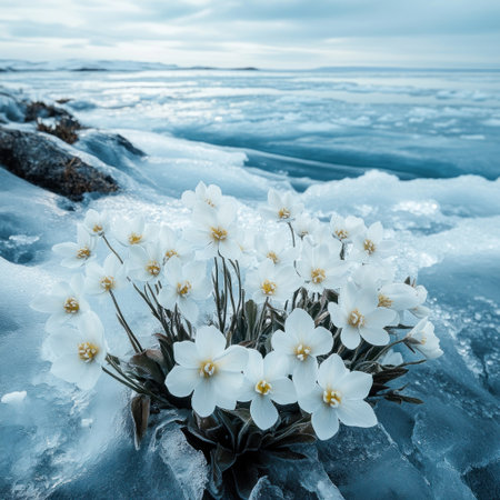 Photograph of white flowers on ice, an arctic landscape, with blue water in the background, high-resolution photography. --v 6.1 Job ID: c4d28432-f015-4cbe-837a-30ab0792fd0bの素材