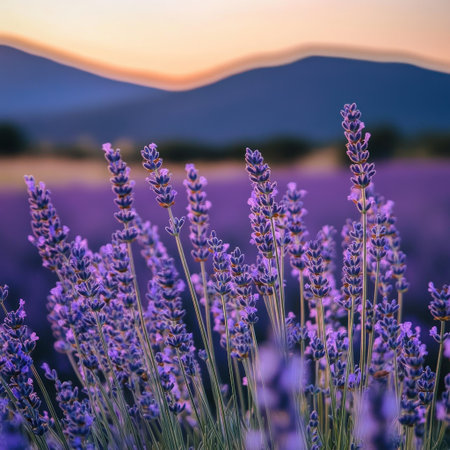 Lavender fields in the French countryside, mountains in the background, soft focus, bokeh effect, purple hues, golden hour lighting, shot with a Canon EOS R5 camera and an RF 60mm f/2.8 lens for close-up shots of individual lavender blooms. --v 6.1 Job ID: 81d5b588-9247-47bf-9018-e66bcba0b15eの素材
